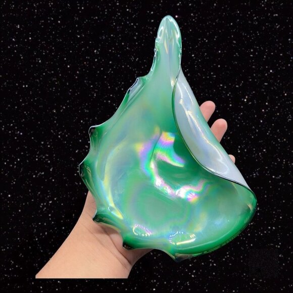 Polish Art Glass Folded Bowl Dish Glass Green Iridescent Poland Vintage 10”W 2”T - Picture 6 of 16